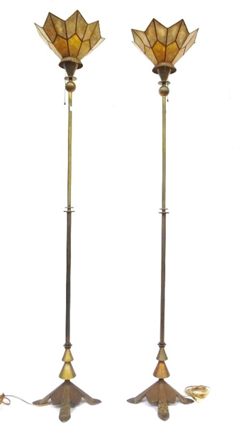 Pair Mica Shade Hammered Brass Floor Lamps