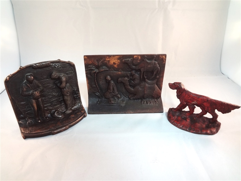 (3) Cast Iron Single Book Ends: Pointer Dog, Men on Camels, Praying Couple