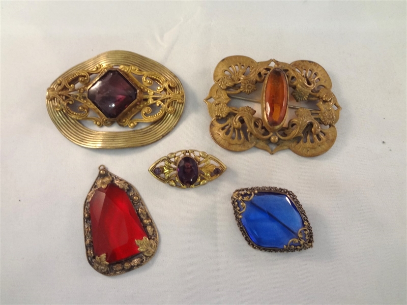 (5) Victorian Jewelry Gold Filled Brooches and Pendant