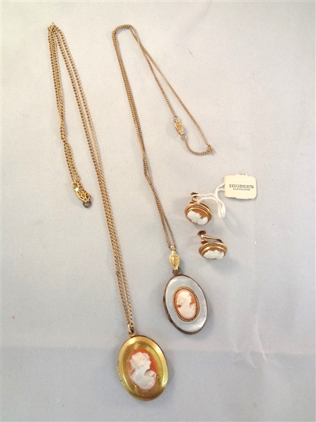 (2) Victorian Cameo Lockets with Chains, Pair Cameo Earrings