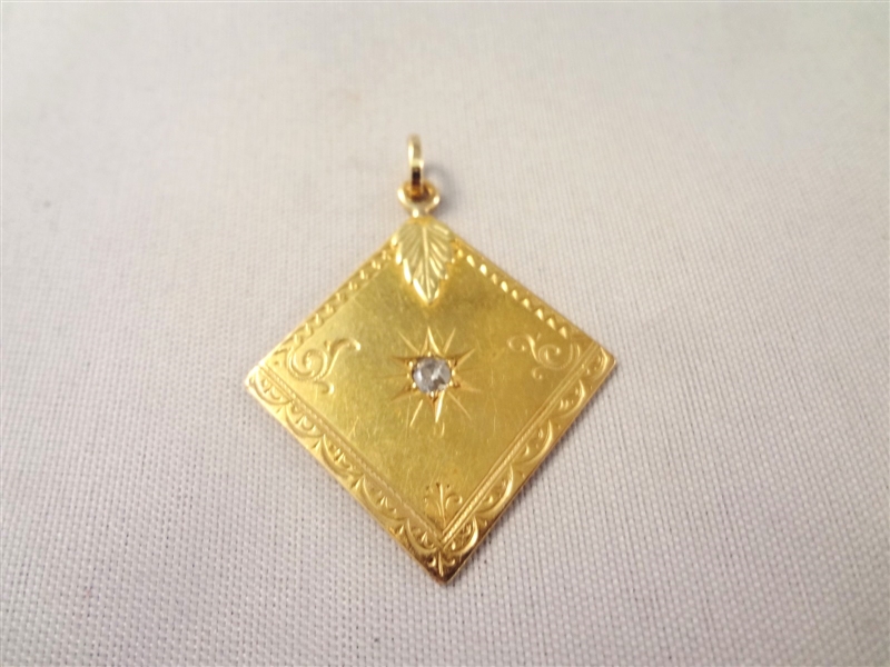14k Gold Square Pendant with Solitaire Round Diamond 3mm
