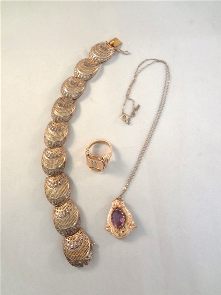 Victorian Gold Filled Bracelet, Ring and Necklace With Pendant