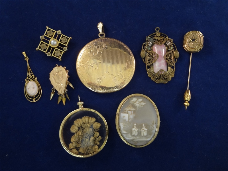 (8) Gold Filled Victorian Jewelry Group: Lockets, Pendant, Cameos, Pin, Brooch