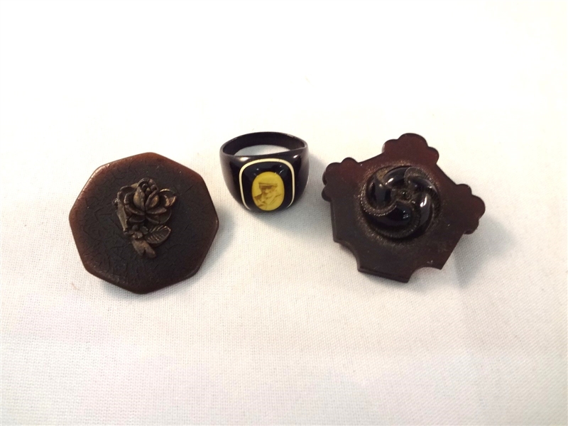 (3) Victorian Vulcanite Mourning Jewelry: Ring, Brooches