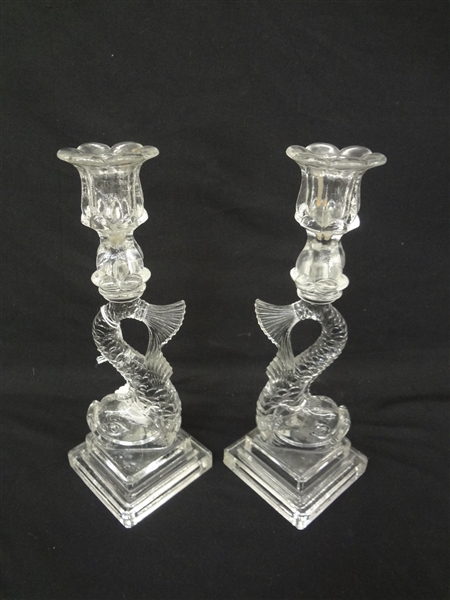 Pair of Dolphin Sandwich Glass Candlesticks with Double Step Base