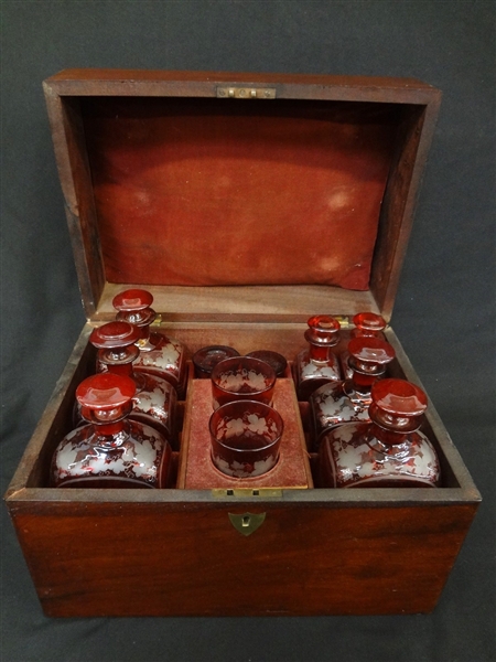  Stunning Ruby Red Cut to Clear Decanter Set in Original Box