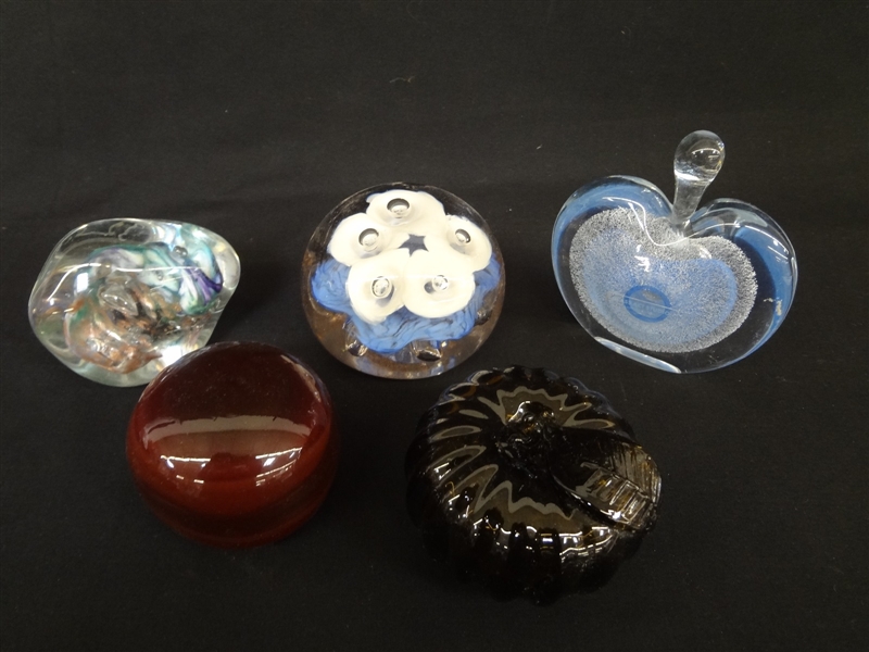 (5) Art Glass Paperweights: DR, Art Studio, JW