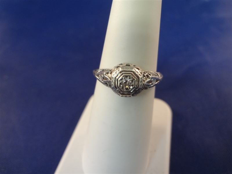 14k White Gold Art Deco Setting Solitaire Diamond Ring