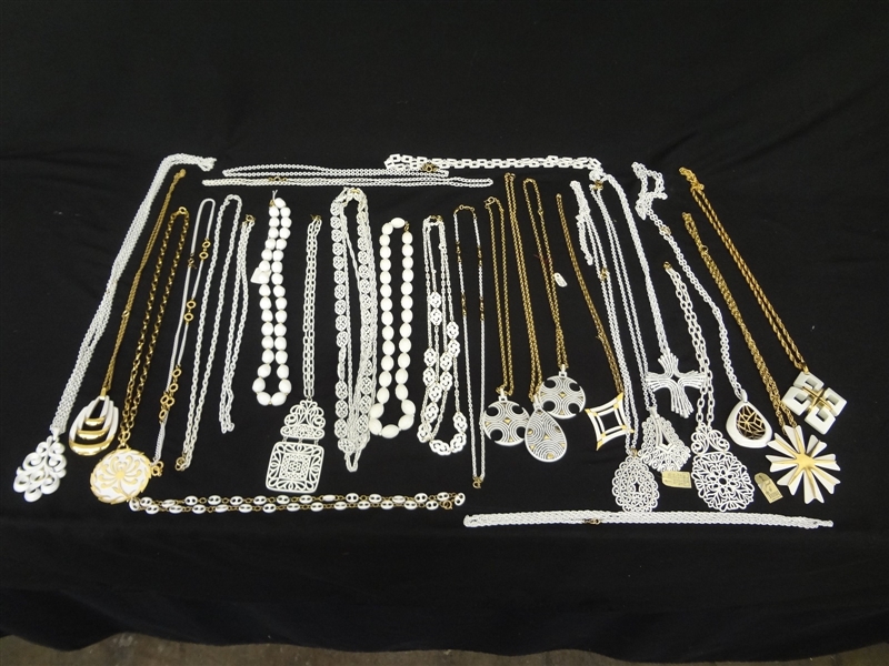 (28) Trifari Costume White Enamel Goldtone Necklaces with Medallions