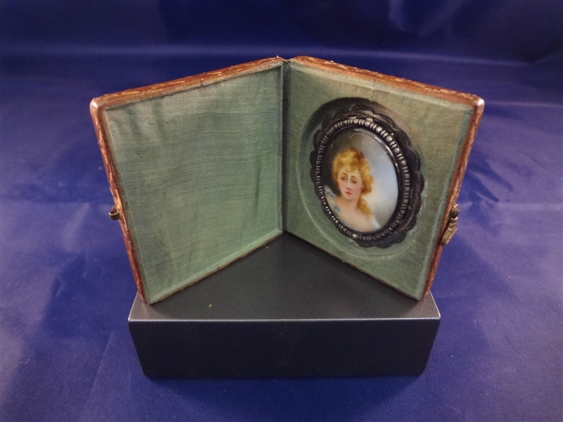 Hand Painted Miniature Porcelain set in Sterling Inside Tin Type Leather Tooled Case