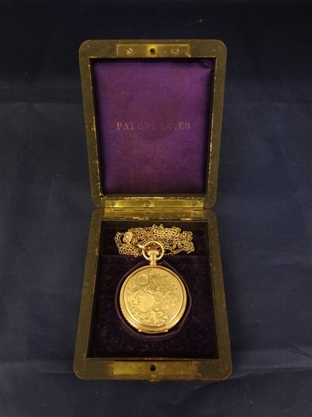 10k Gold Elgin Pocket Watch with Fob in Display Burl Case: Watch number 3087675 from 1889