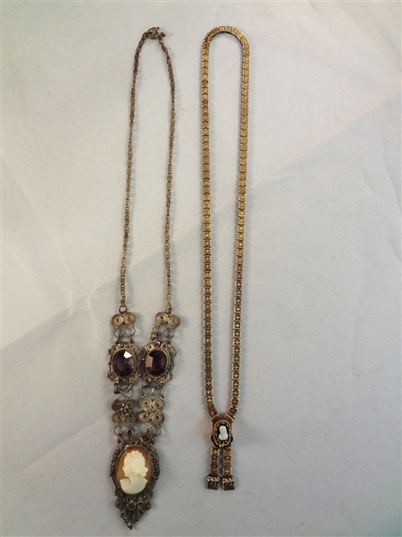 (2) Victorian Gold Filled Mourning Necklaces with Cameos