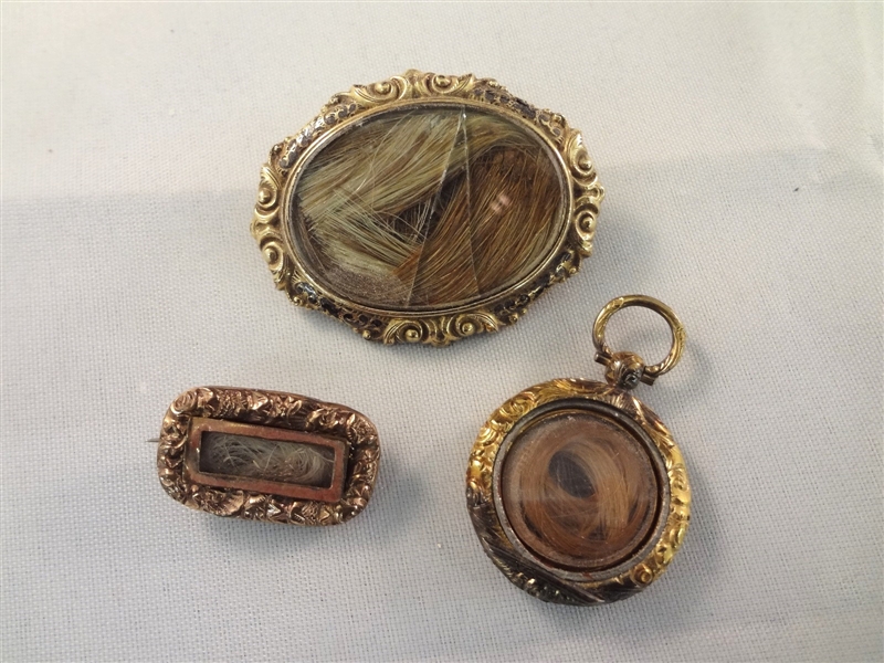 (3) Victorian Mourning Hair Brooches Pendant