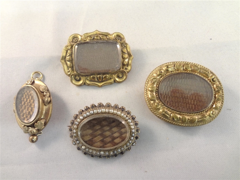 (4) Victorian Mourning Hair Brooches and Pendant