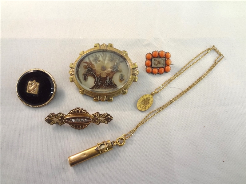 (5) Misc. Victorian Mourning GOld Filled Jewelry