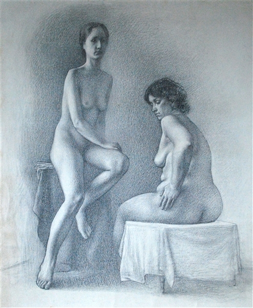 Vitally Grigoryev (Russian, b. 1957) 1982 Nude Drawing "Two Women"