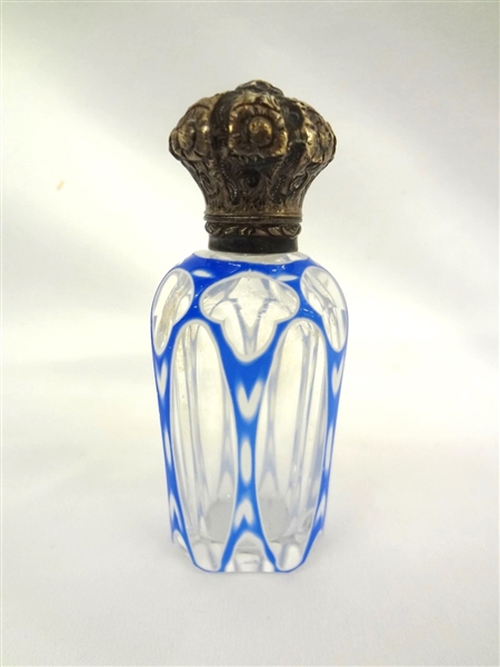 Victorian Bohemian Cobalt Cut to Clear With Sterling Repousse Hinged Cap Perfume Bottle