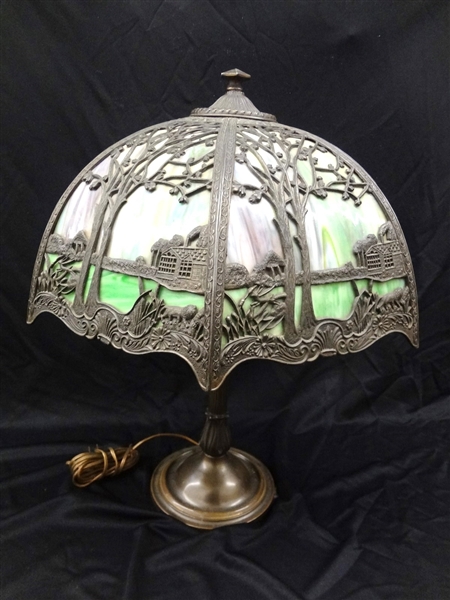 Miller Lamp Co. Scenic Slag Glass Pierced Metal Shade Table Lamp