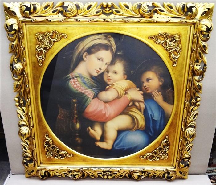 Edward Gross Co. Lithograph "Raphaels Madonna of the Chair" Set in Deep Relief Scrolling Gilt Frame