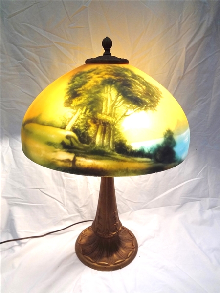Reverse Painted Table Lamp: Decal Landscape Scene Base Marked C.C. Co.