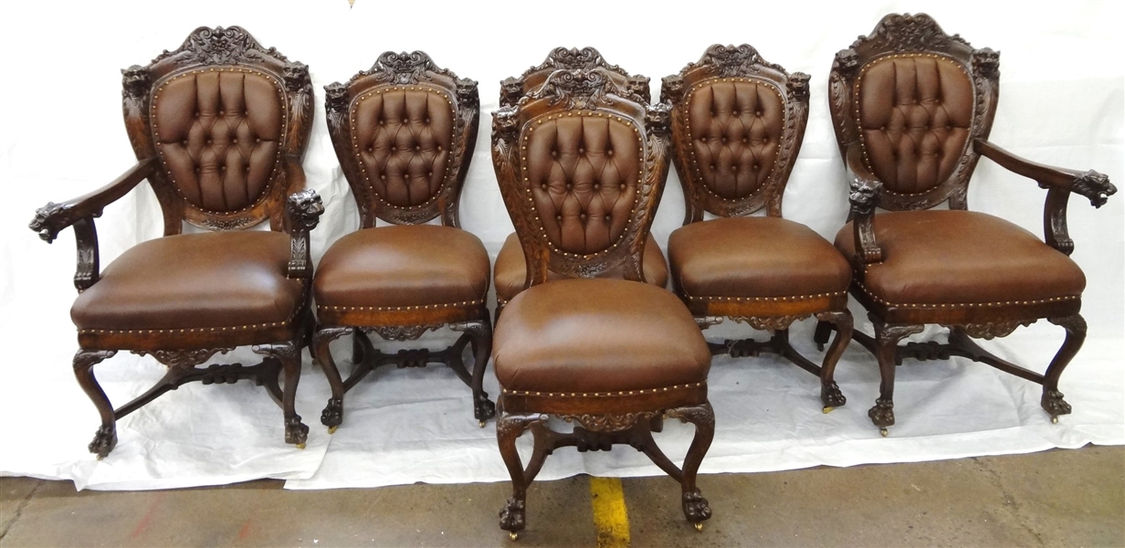 (6) Renaissance Revival Leather Upholstered Lion Head Chairs