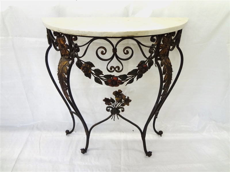 Demi Lune White Marble Top Cast Iron Plant Stand