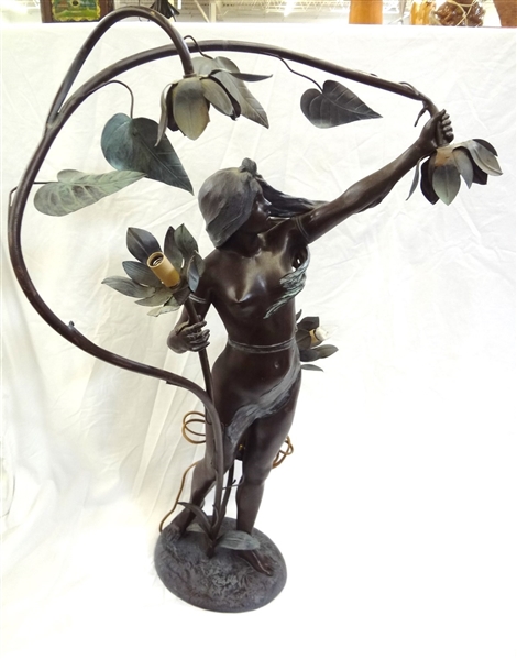 White Metal Garden Sculpture Torchiere Woman Holding Vines