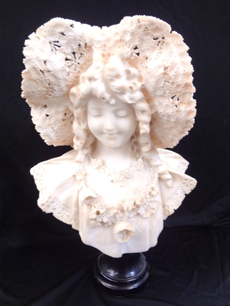 Adolfo Cipriani Marble Female Portrait Bust Reticulated Hat