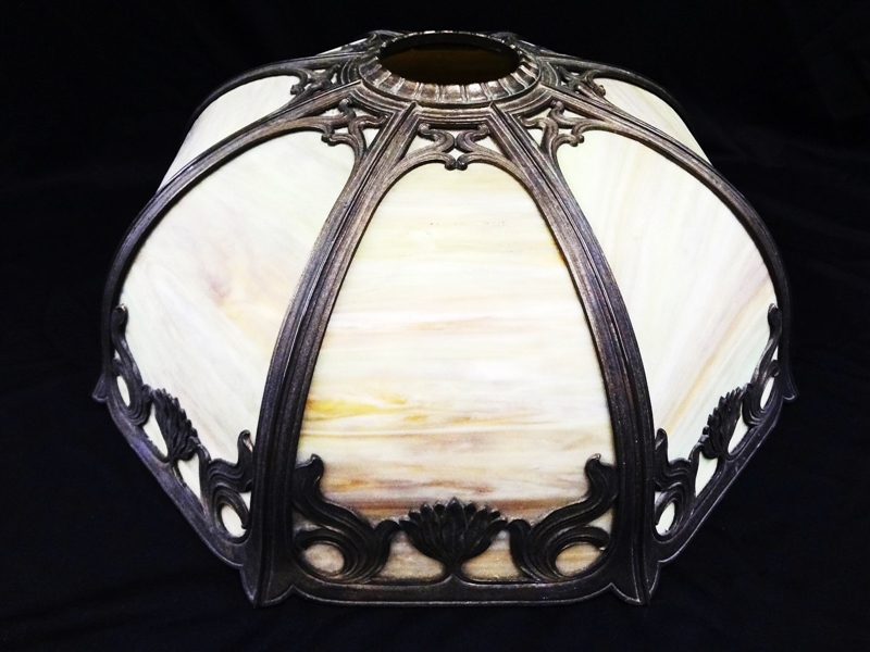 Eight Panel Slag Glass Lamp Shade Art Nouveau Style Metal Frame