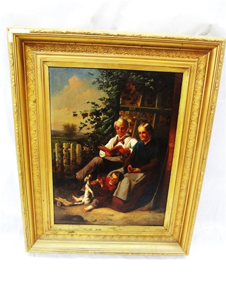 Oil on Canvas Grandparents and Child M. Milnor 1874