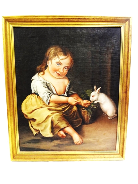 Incredible Folk Art Oil Painting on Canvas Girl Feeding Rabbit