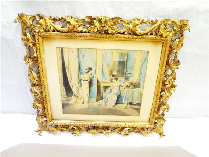 Watercolor Painting set in Palatial Style Gilt Carved Frame