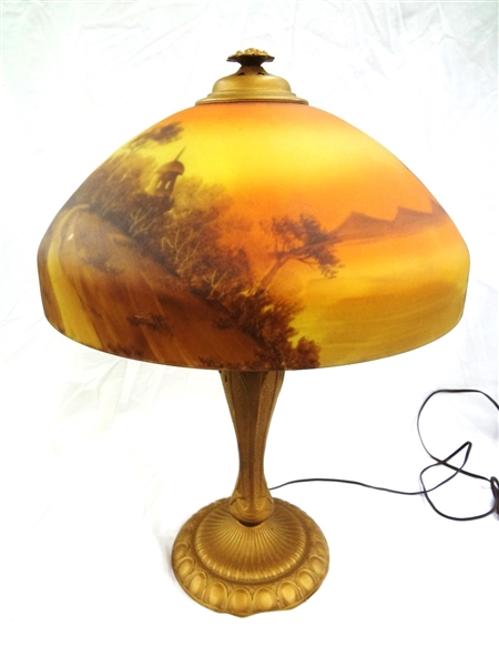 Reverse Painted Table Lamp Art Nouveau Style Base Signed 1876