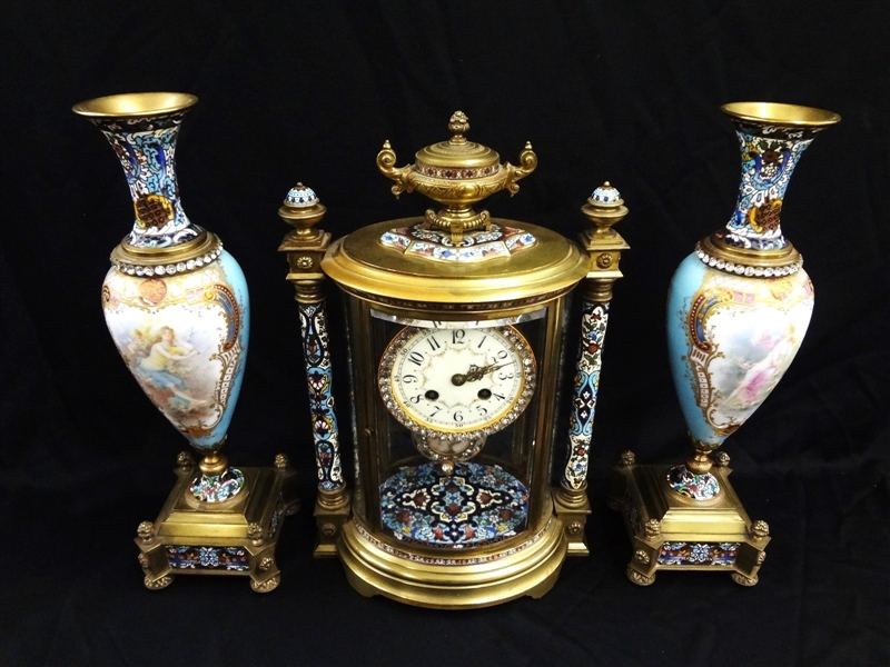 Tiffany and Co. Japy Freres Champleve Garniture Clock Set