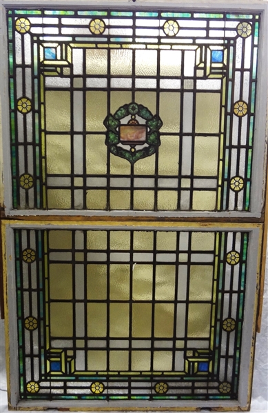 Pair of Oversize Double Hung Stained Glass Windows. Duplicate pair