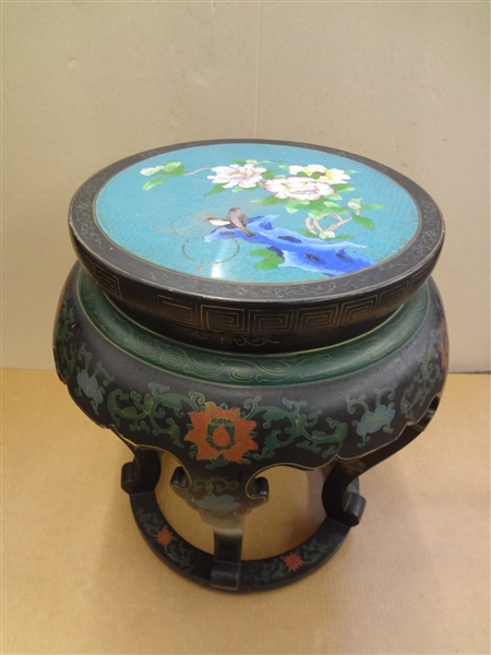 Chinese Teak Cloisonne Top Plant Stand