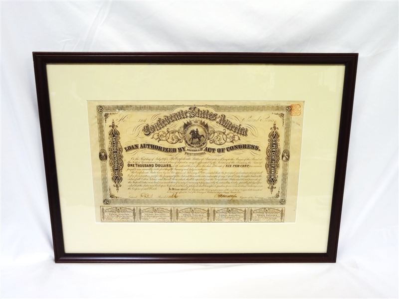 Framed Confederate States of America $1000 Bond Sheet 