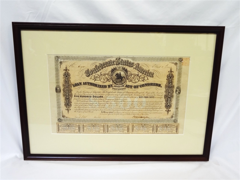 Framed Confederate States of America $500 Bond Sheet