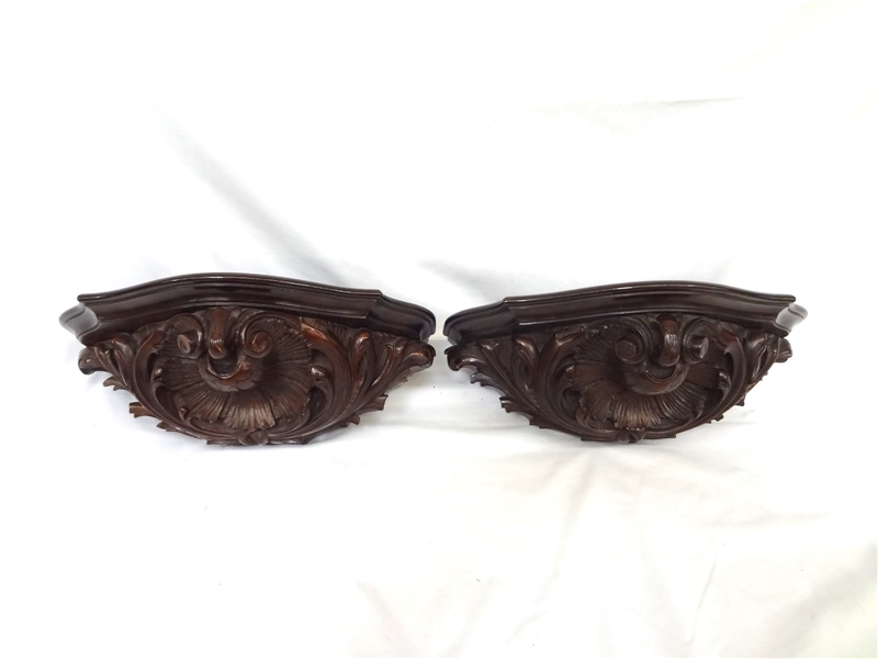 Pair of Solid Walnut Hand Carved Wall Sconce Shelves