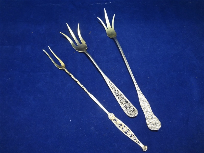 (3) Repousse Sterling Silver Victorian Long Stem Flanged Pickle Forks