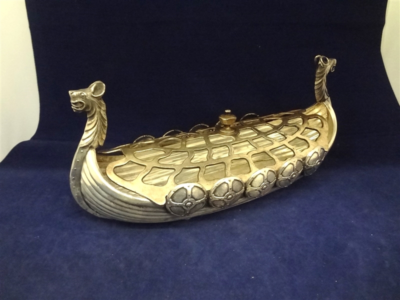Silver Plated Viking Ship With Flower Frog Top Insert