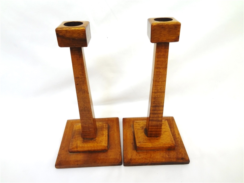 Pair of Tiger Maple Candle Sticks Arts and Crafts Style