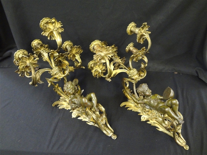 Pair of Bronze Cherub Putti Gilt Six Arm Wall Sconces