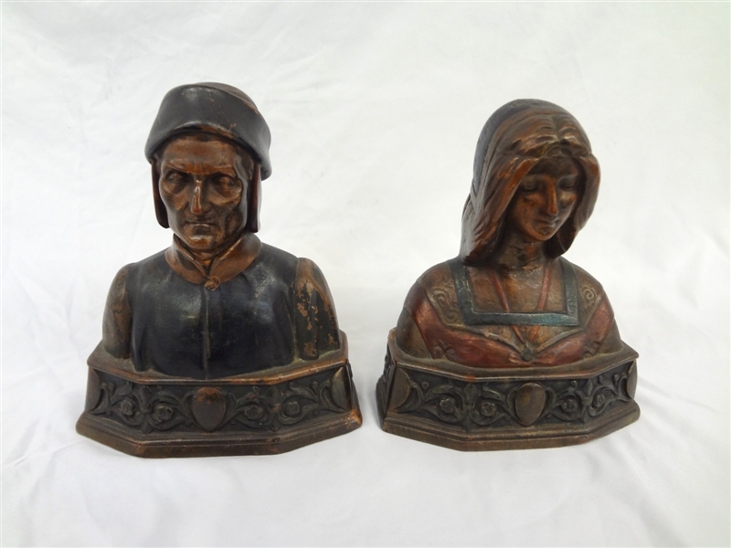 Dante and Beatrice Bronze Bookends Pompeian Bronze Co.