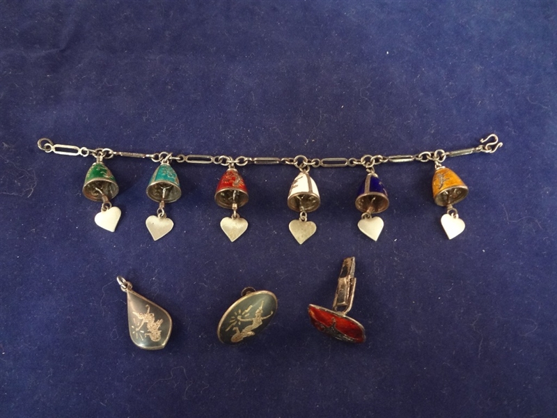 Sian Sterling Silver Enameled Jewelry Group: Charm Bracelet, pendant, cufflink