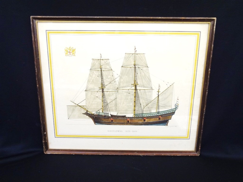 "The Mayflower" Colored Lithograph Designed H.A. Muth Matted and Framed
