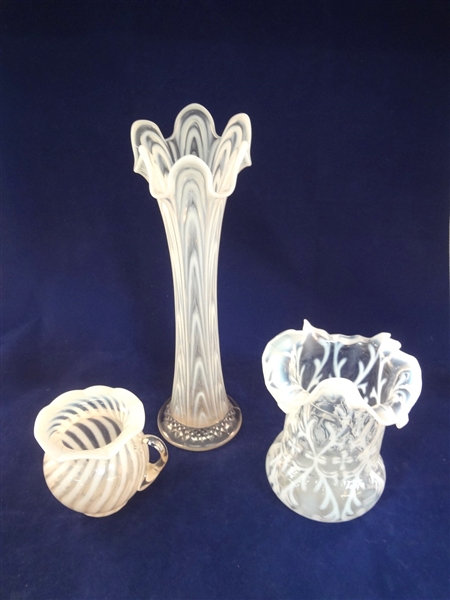 Northwood Spanish Lace Vase and 2 Other Opalescent Glass Pieces
