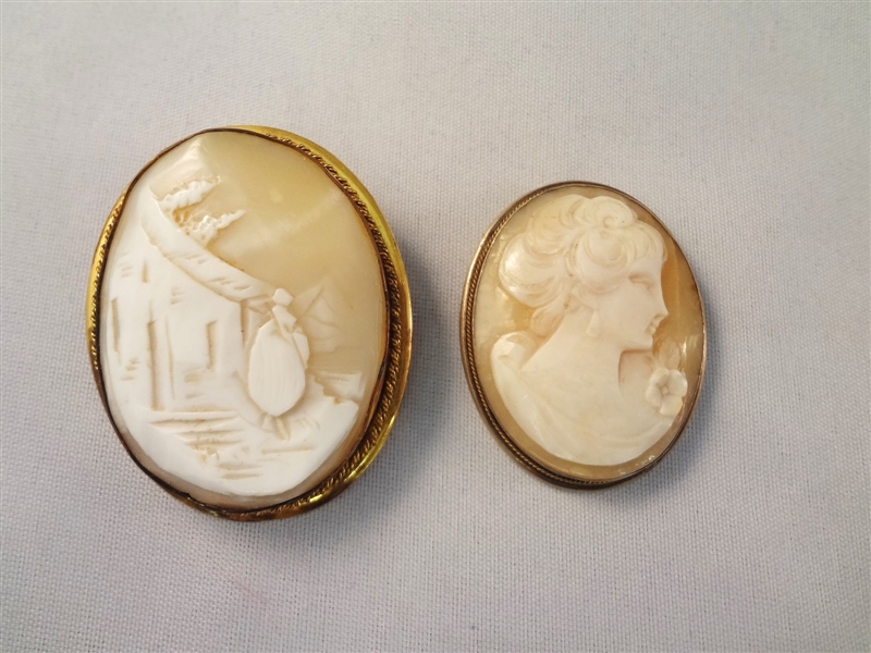 (2) Victorian Carved White Shell Cameos: Portrait and Landscape