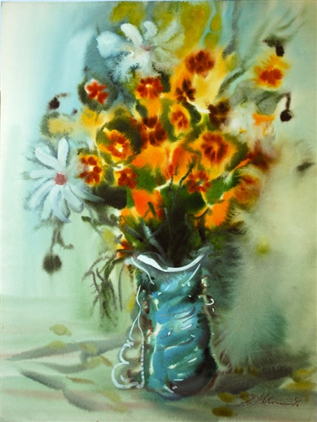 Emil Moraru (Moldavian 1938) Watercolor "Still Life With Flowers" 1996