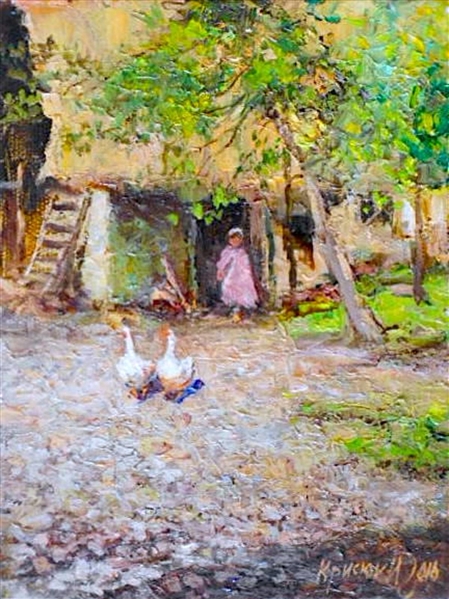 Ivan Krisjuk (Russian 1944) Oil on Canvas "Village Courtyard I"